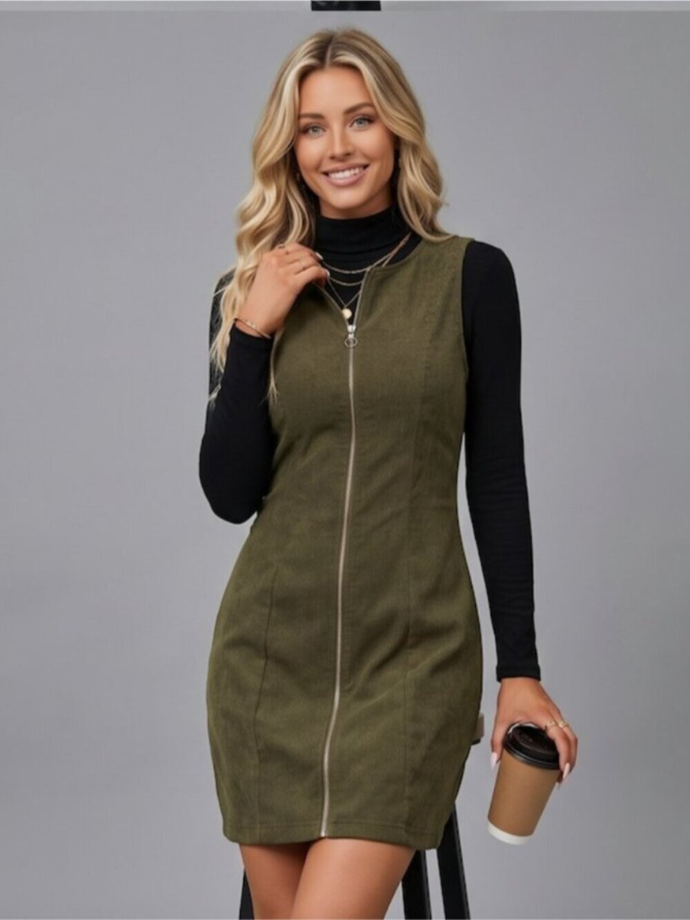 Green Corduroy Zip-Front Pinafore Dress – Sleeveless Overall Mini Shift Dress - Picture 3 of 5